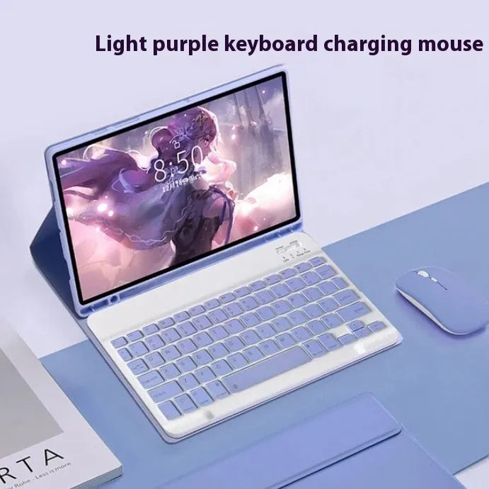 Samsung tablet inside a TPU leather case with a Bluetooth keyboard and charging mouse on a table.