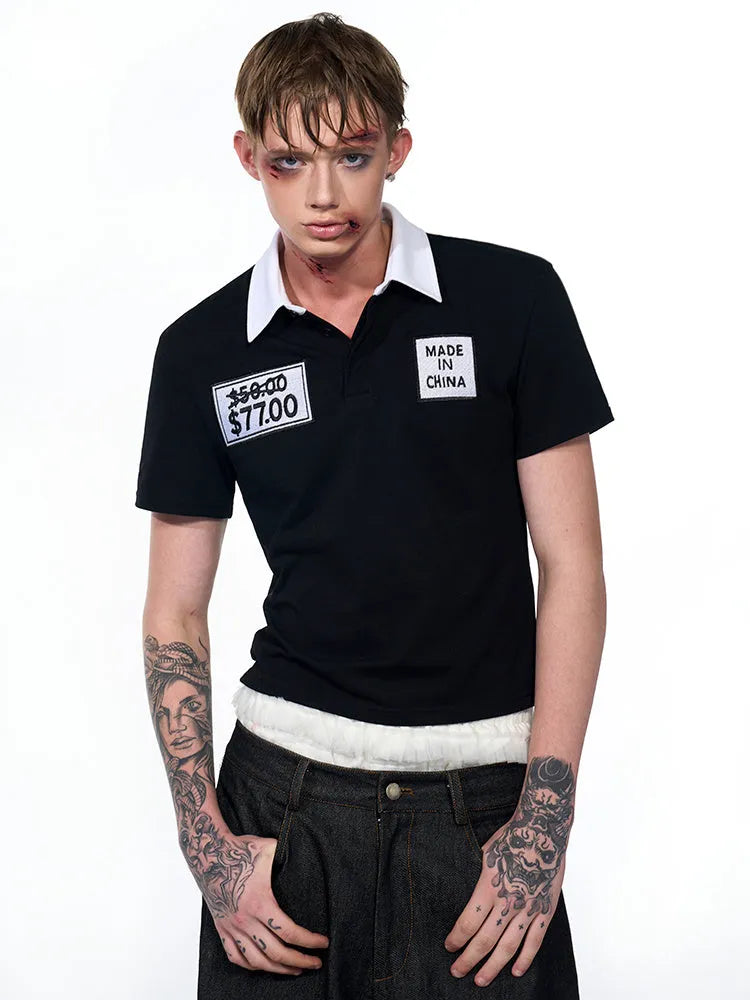Black slim fit men's t-shirt with polo collar and embroidery detailing on short sleeves