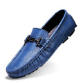 Men's black leather casual shoes with a silver belt buckle and flat rubber sole.