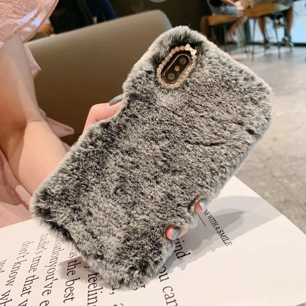Rabbit hair silicone iPhone case with rhinestone detail and soft plush bottom shell in grey, brown, or pink colour