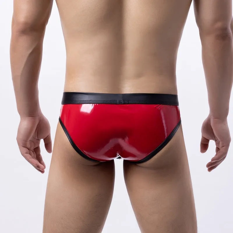 Men's patent leather effect bikini swim briefs in gold, red, or silver colour on a low waist