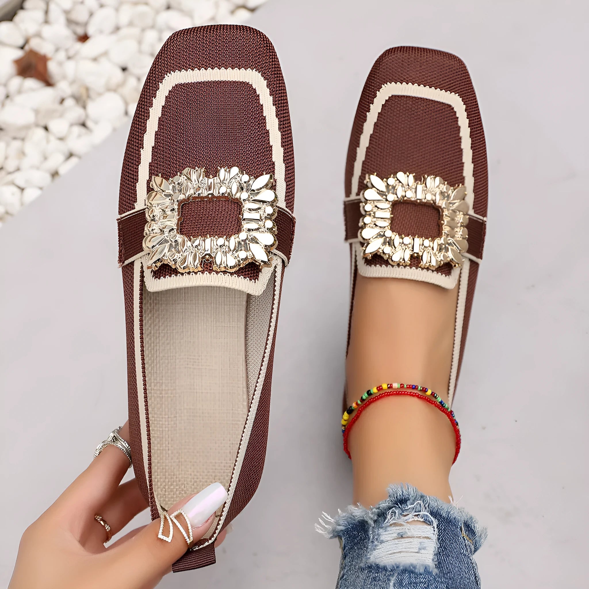 Flyknit slip-on square toe rhinestone flat shoes for women in plus sizes low heel 1-3cm