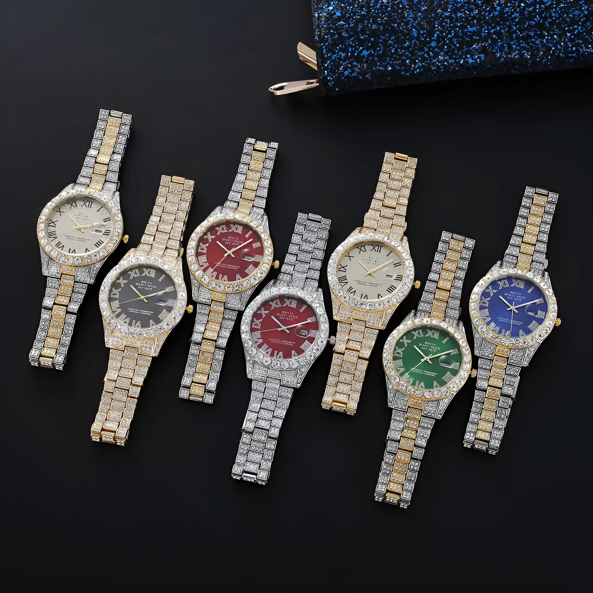 Quartz wrist watch with full diamond surface dial, Roman scale, and steel case in silver or gold colours