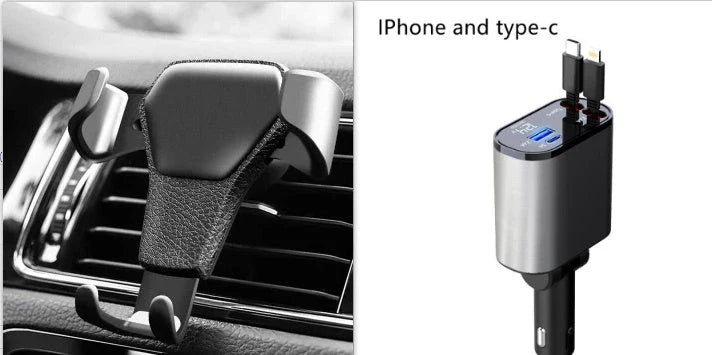 100W metal car charger with dual USB and USB-C ports, featuring fast charging, adjustable swivel design, and retractable cable for convenient in-car use