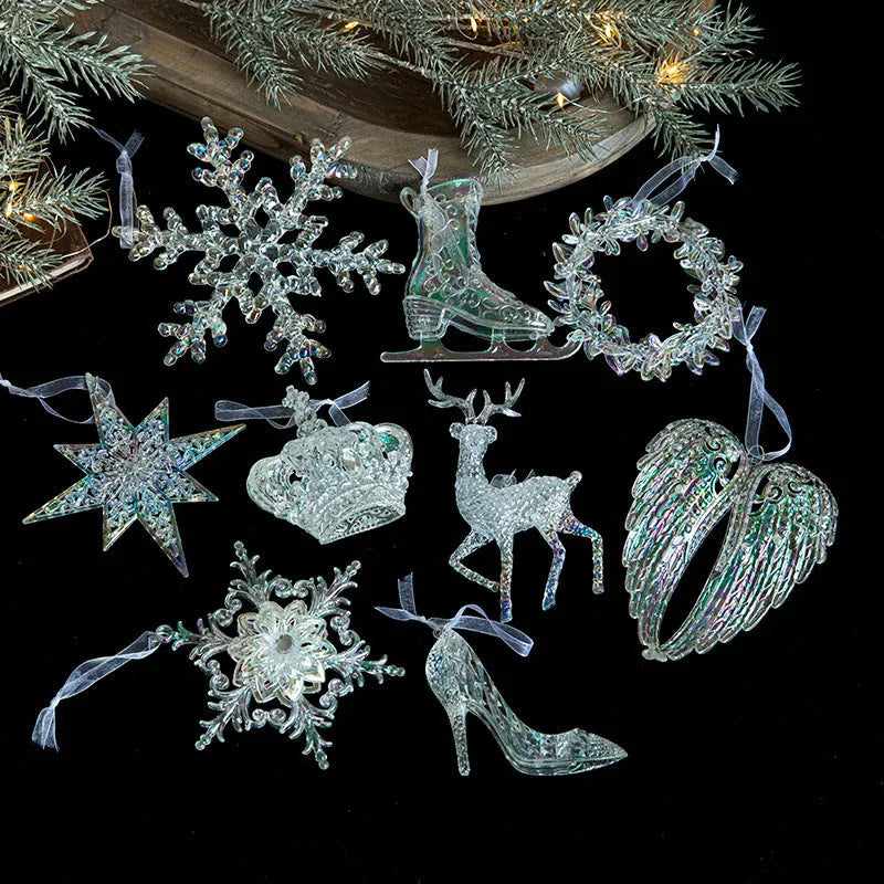 Colourful transparent acrylic Christmas hanging decorations in assorted festive shapes for tree and window displays