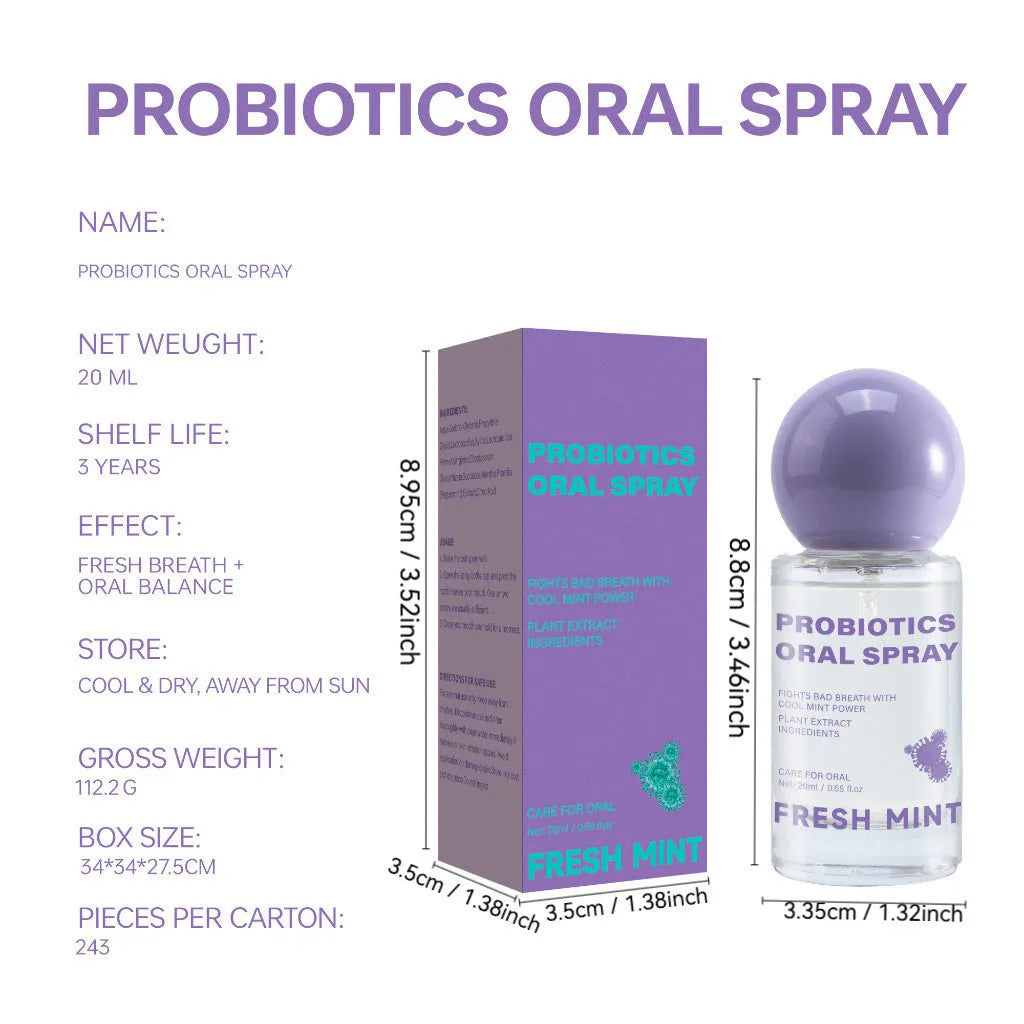 Portable probiotic oral spray 20ml bottle on white background, fresh breath mouth spray for on-the-go use