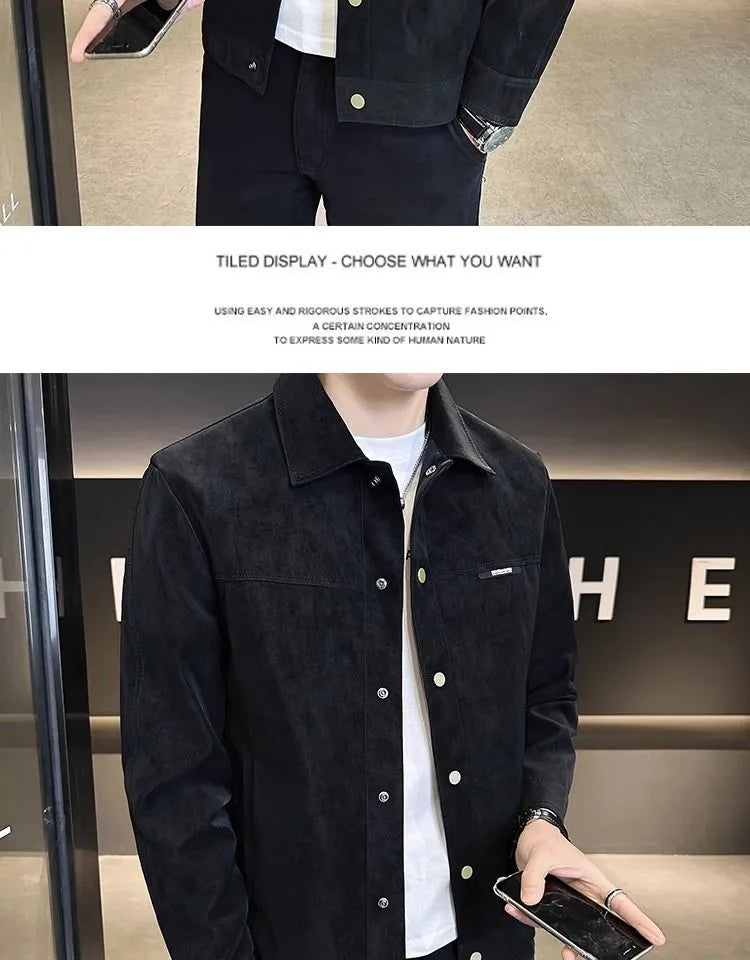 Men's suede lapel spring jacket in brown or black with long sleeves, side seam pockets and polyester lining