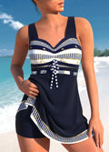 Plus size woman wearing a blue quick-dry split skirt bikini swimsuit on beach