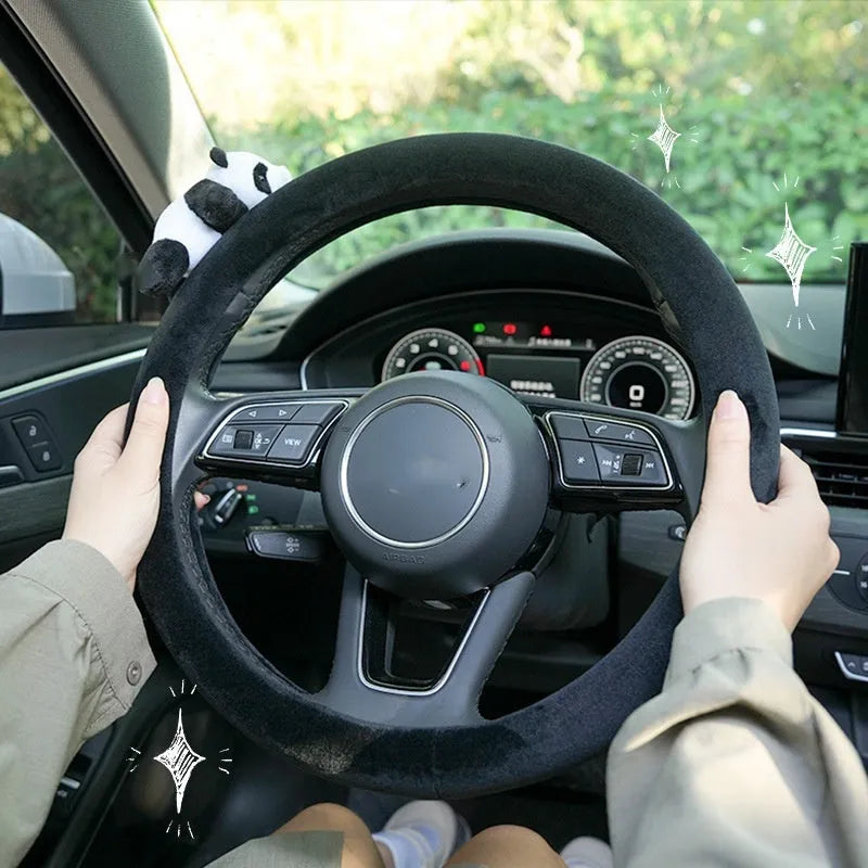 Panda themed plush black steering wheel cover and matching shoulder pad set