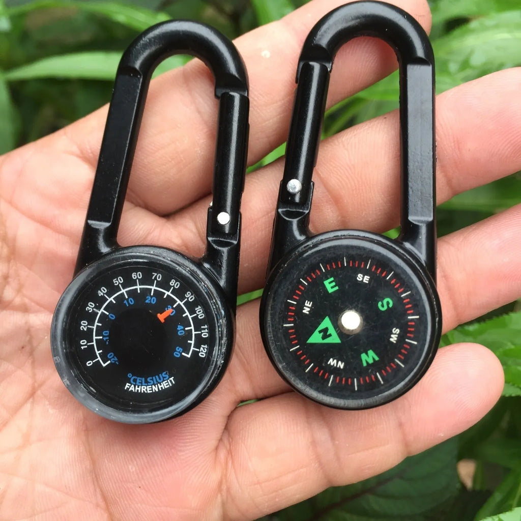 Black army green rose gold zinc alloy carabiner with thermometer and compass, showing double-sided climbing button.