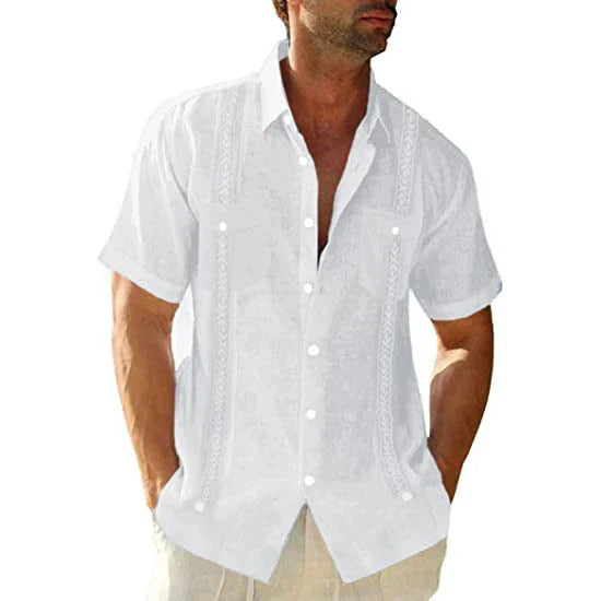 Comfortable Casual Cuban-Style Guayabera Shirt for Men in Red, Navy Blue, White, and Army Green Colors