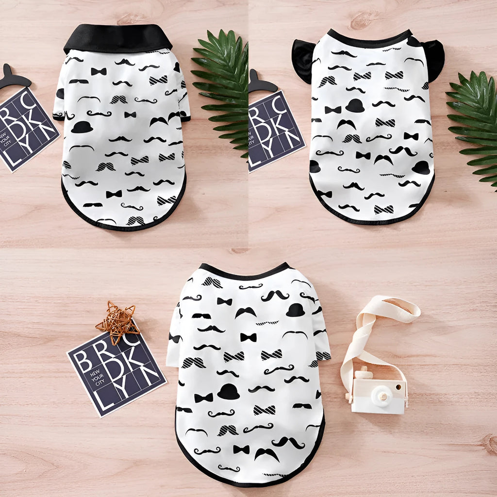 White gentleman beard style dog outfit on a small dog, showing the polyester fabric and casual design.
