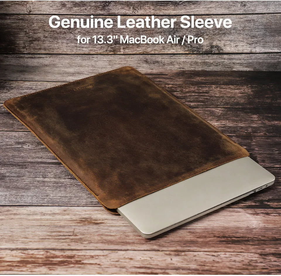 Brown crazy horse leather laptop bag for 13.3-inch MacBook Pro and MacBook Air, horizontal or vertical style