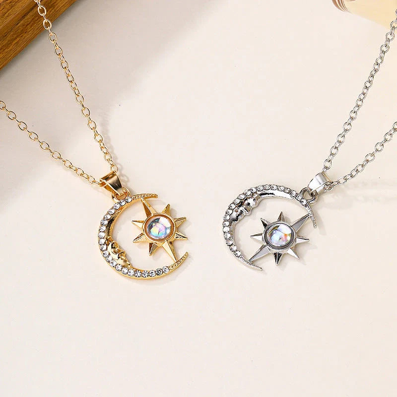 Stunning moon and star zircon pendant necklace in stainless steel with captivating celestial-inspired design