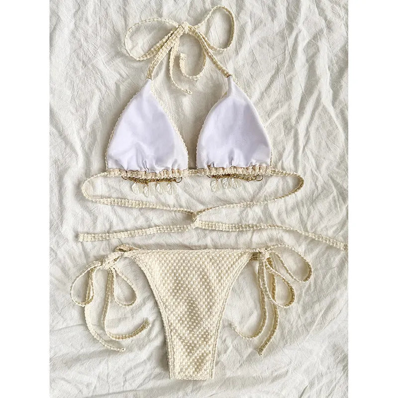 Women's halter neck lace-up bikini swimsuit in polyester fabric, available in white, green and milky white