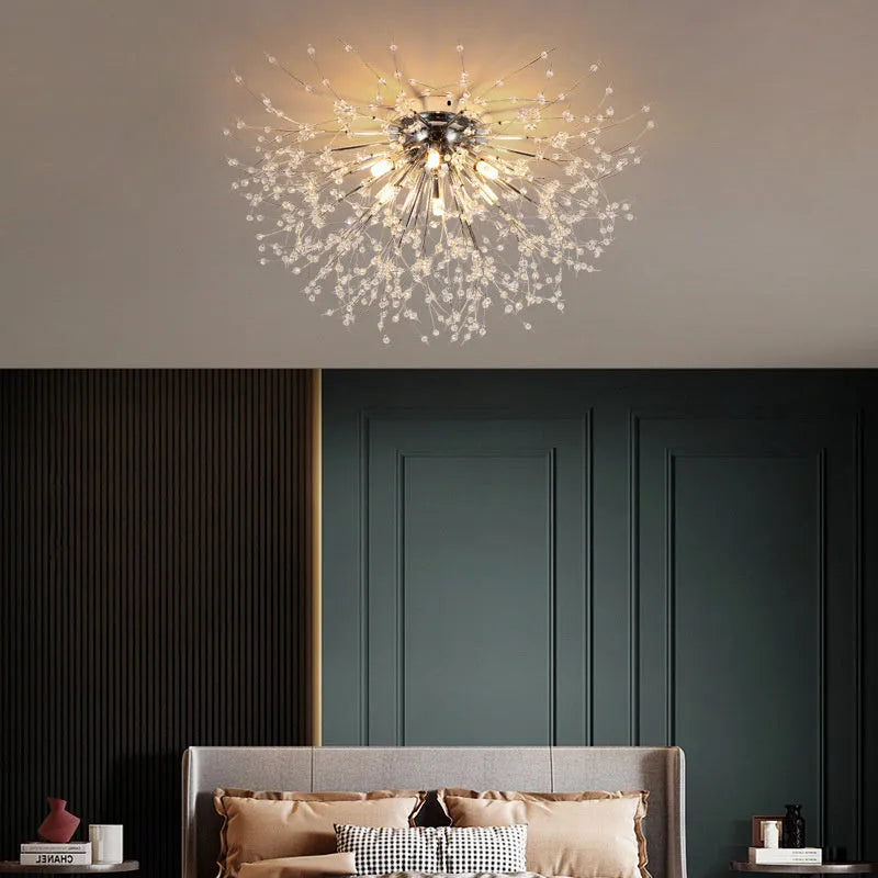Round chrome dandelion crystal ceiling lamp with four light heads, 40cm diameter