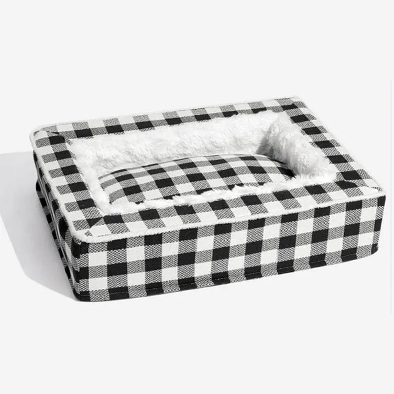 Classic plaid dog kennel cushion with removable washable cover in red, blue, black, and brown colour options.