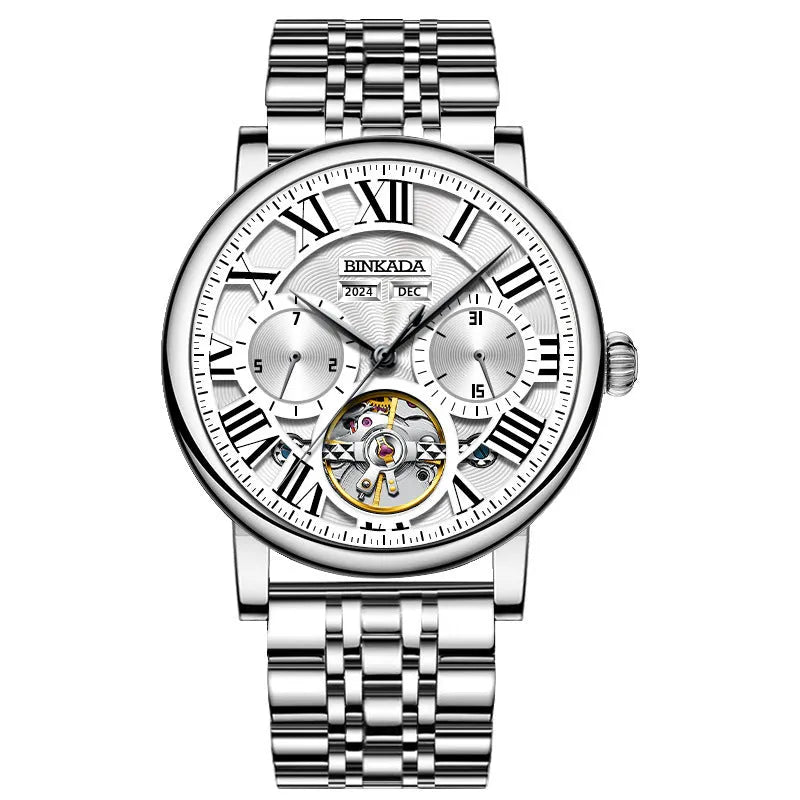 Men's automatic waterproof watch with steel bracelet in business style design