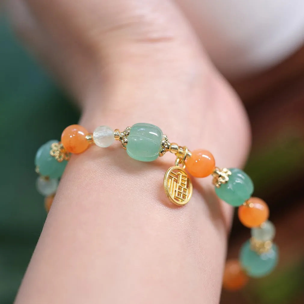 Chinese style Duobao pumpkin bracelet in Jinsi Jade with prehnite bead for women's 14-16.5cm wrist