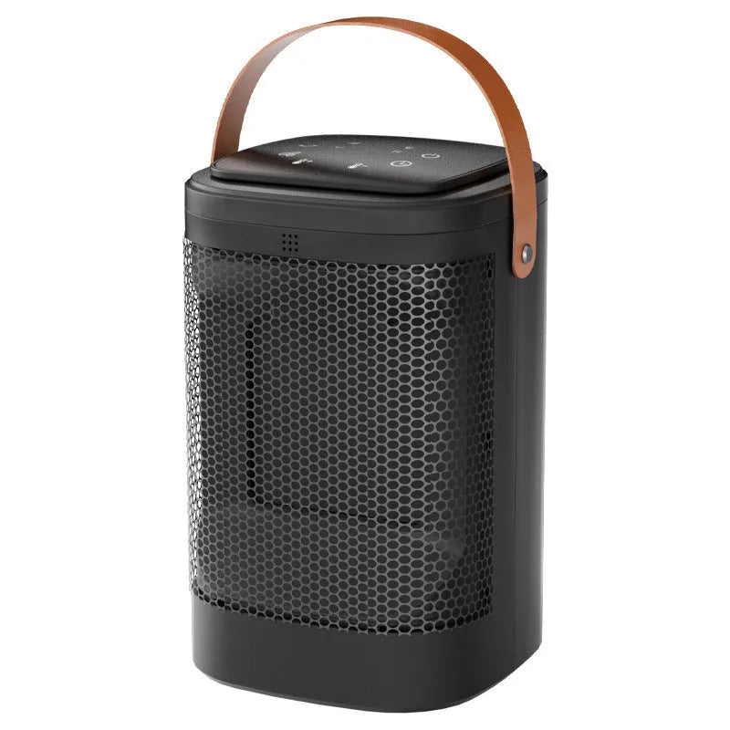 Black portable electric heater and air cooler with digital touch screen display and remote control.