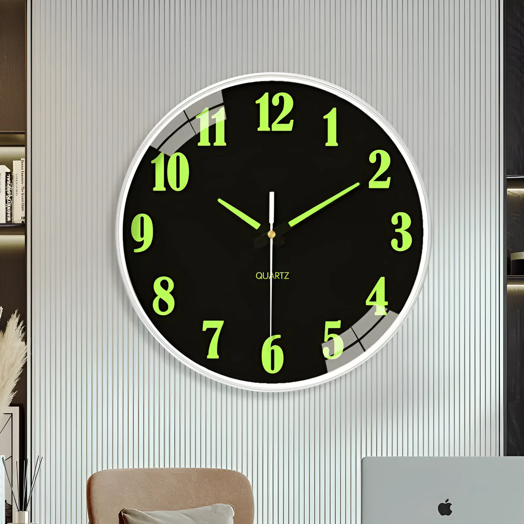 Modern 8 inch luminous wall clock with white numerals on a coloured plastic face.