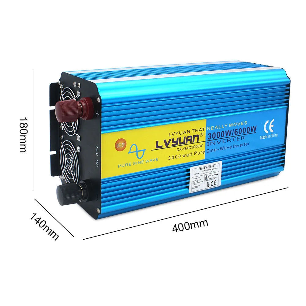 Blue 3000W pure sine wave power inverter with digital displays and UK socket