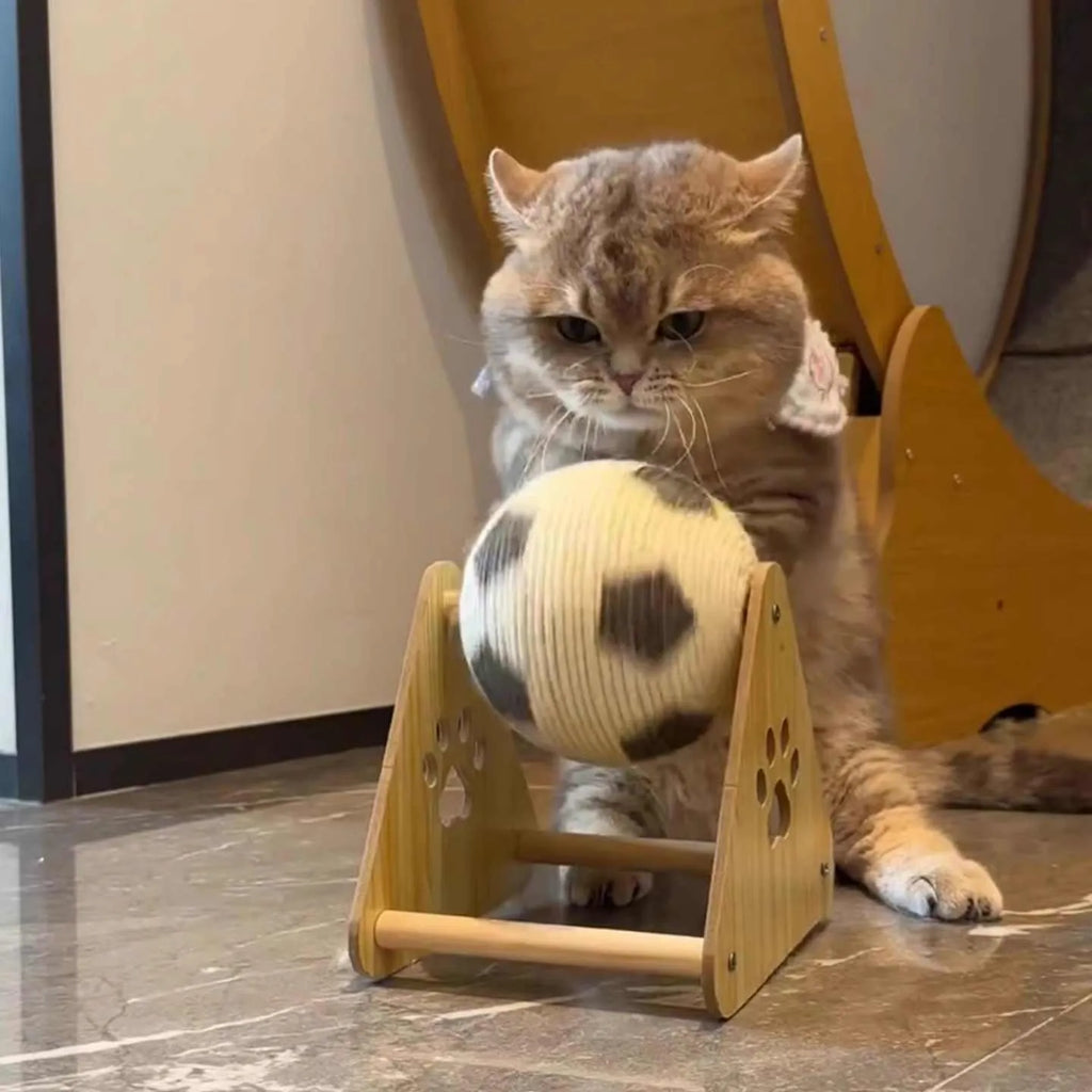 Vertical wooden cat scratch board with sisal rope surface in football style for claw grinding