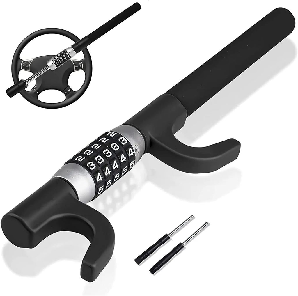 Car steering wheel anti-theft U-lock in alloy steel with password dial, shown in black colour option