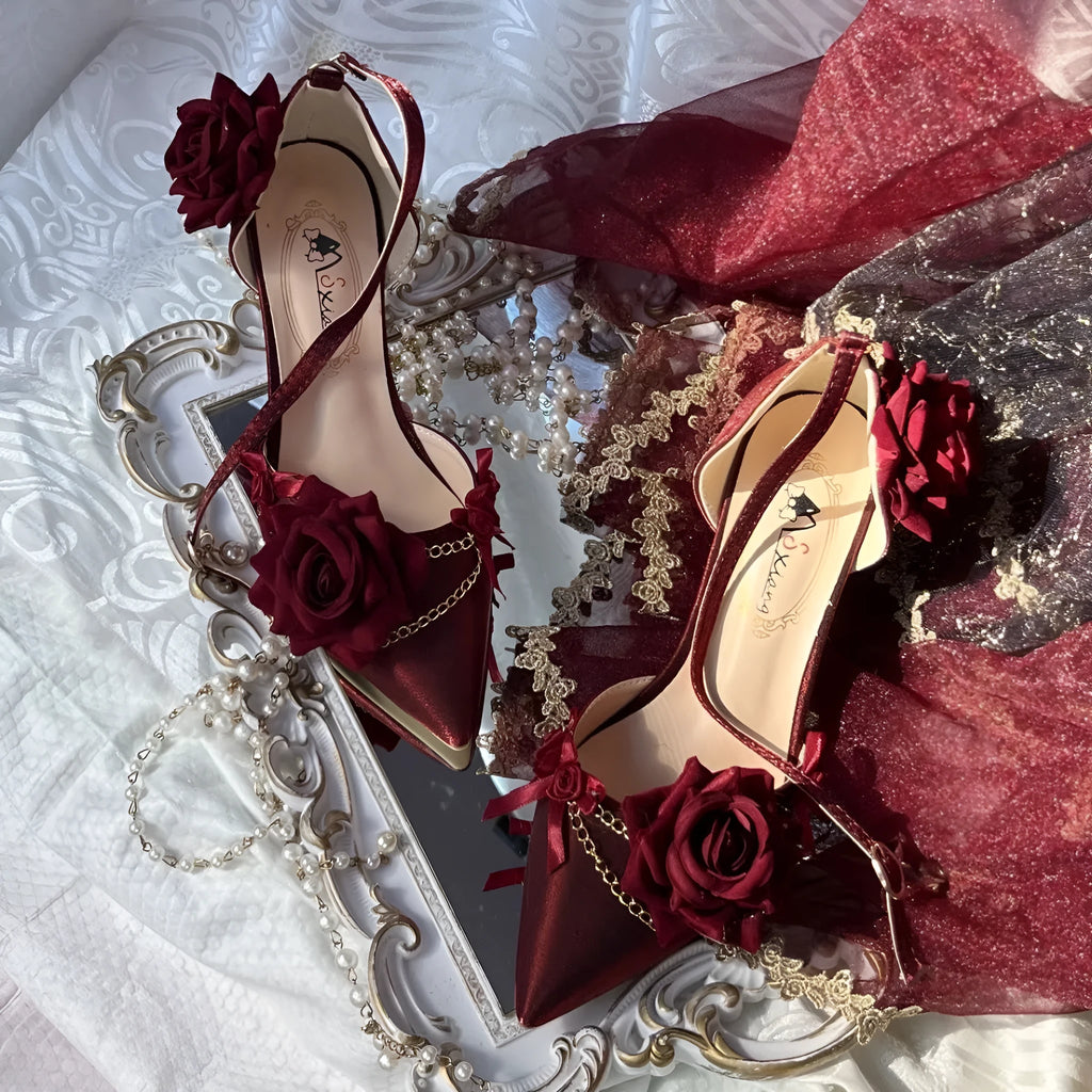 Ceremony Rose Chronicle satin pointed square toe high heels with shoe chain in black red colour
