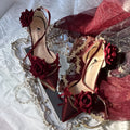 Ceremony Rose Chronicle satin pointed square toe high heels with shoe chain in black red colour