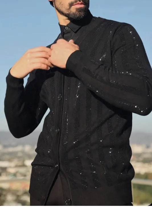 Men's black sequin cardigan open front party jacket with all-over sequin finish