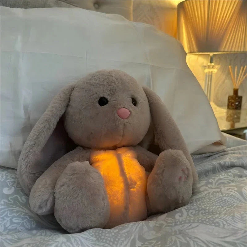 A soft, plush bunny toy with a rhythmic breathing motion and calming lights designed to soothe and comfort newborns and infants.