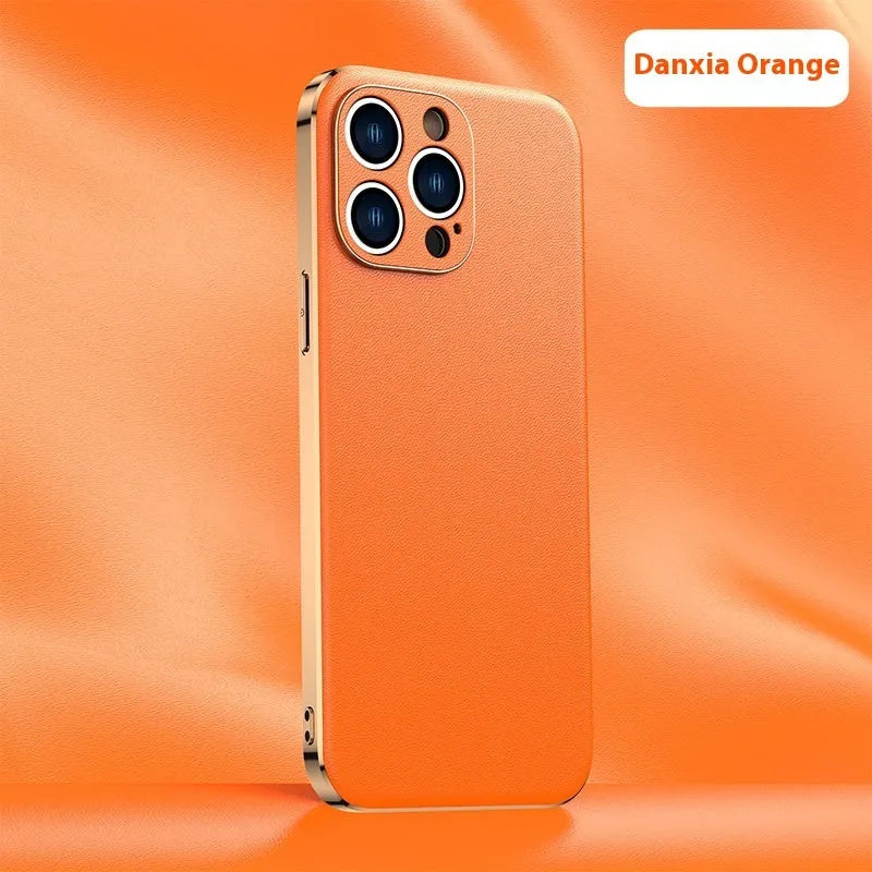 Genuine leather plating shell phone case with anti-fall protection for iPhone, plain Napa texture black