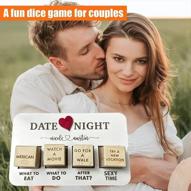 Wooden date night dice game set for couples showing five dice, a wooden planner board and a black storage bag.