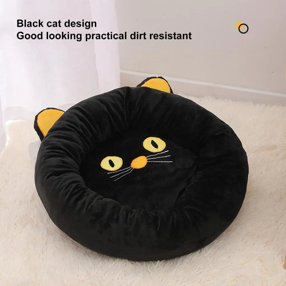 Black cat silhouette shaped velvet cat nest bed with raised cushioned edges