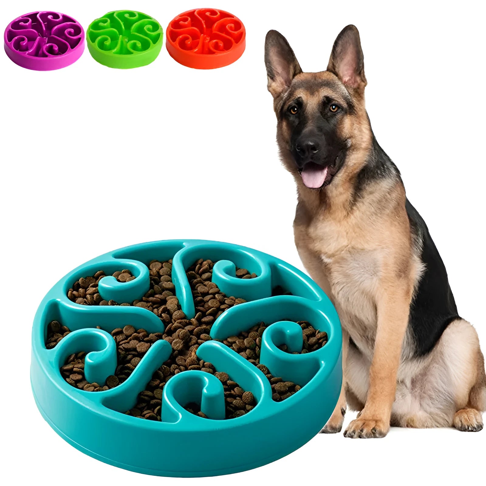 Slow feeder dog bowl with maze pattern ridges and non-slip silicone base in multiple colour options