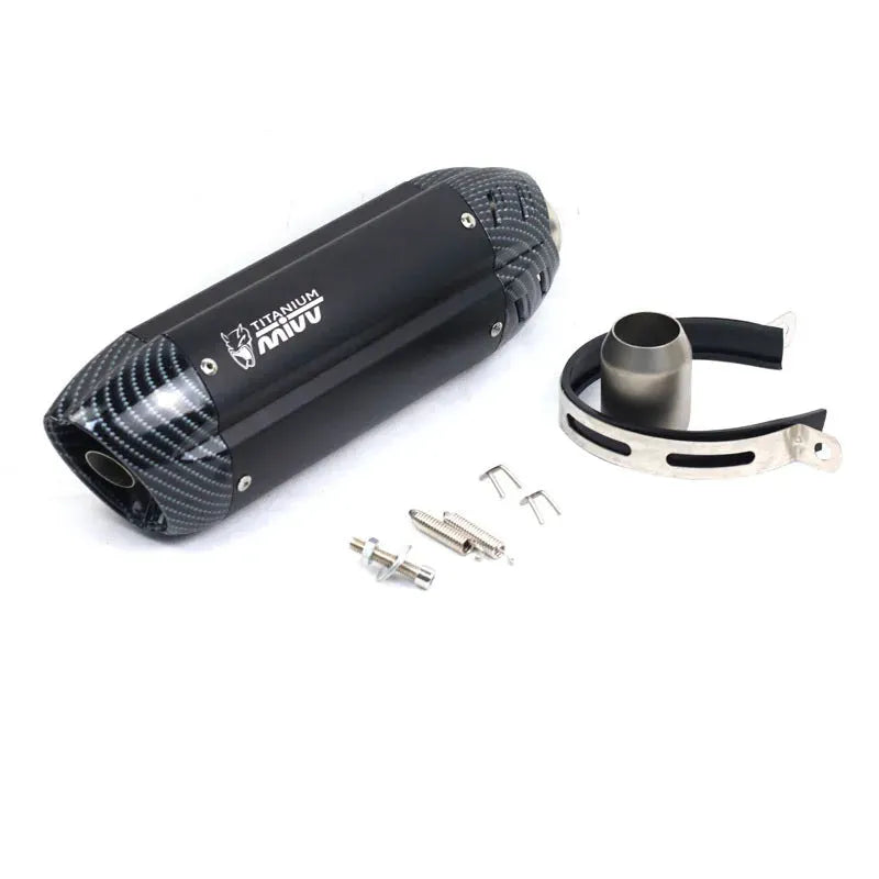 Stainless steel motorcycle exhaust modification kit showing 51mm interface and hexagonal muffler design