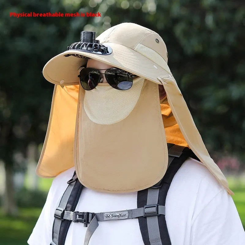 Khaki coloured sun hat with built-in USB fan and attached face covering shawl for neck protection.