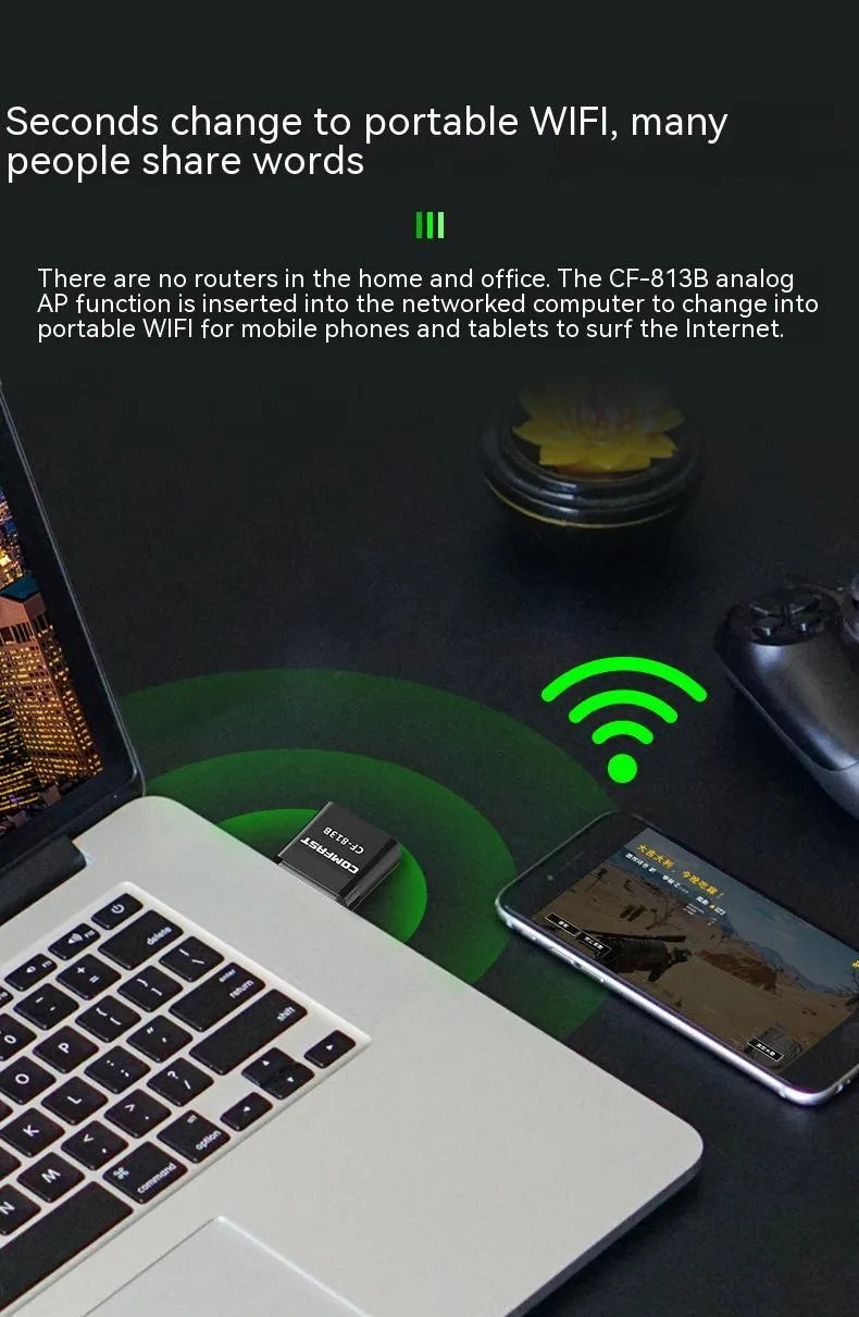 Black two-in-one network card with nickel-plated USB connector combining Bluetooth adapter and dual band access point