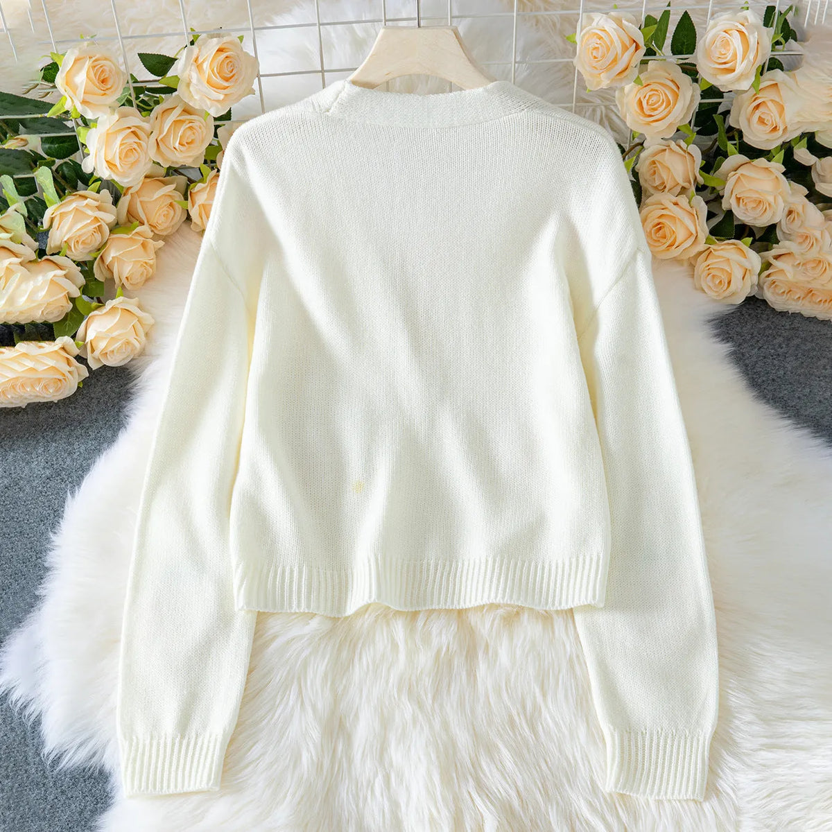 3D strawberry pattern women's acrylic knit sweater in milky white with long sleeves and regular fit