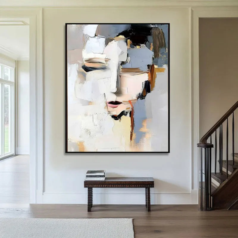 Abstract woman portrait hand-painted oil painting on canvas, modern black and white vertical one-panel wall art, unframed