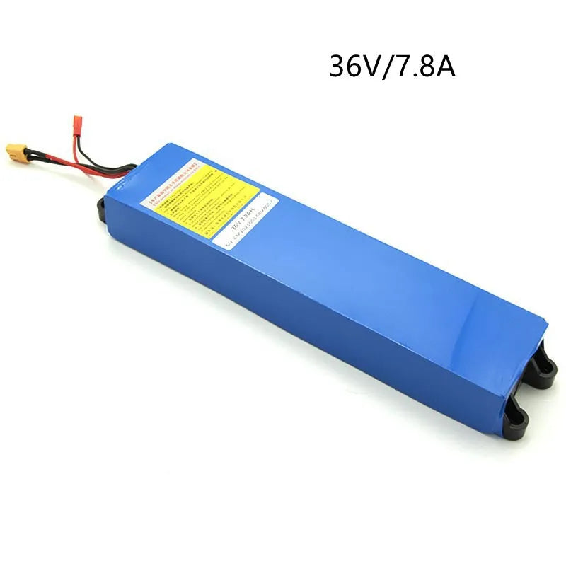 36V lithium battery pack for electric scooters showing three capacity options: 6.6Ah, 7.8Ah and 10.4Ah