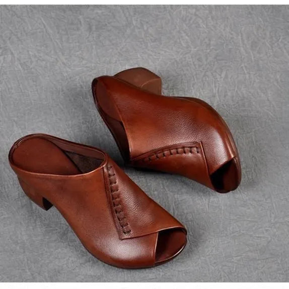 Women's black square heel peep-toe slippers with rubber sole and fish mouth design