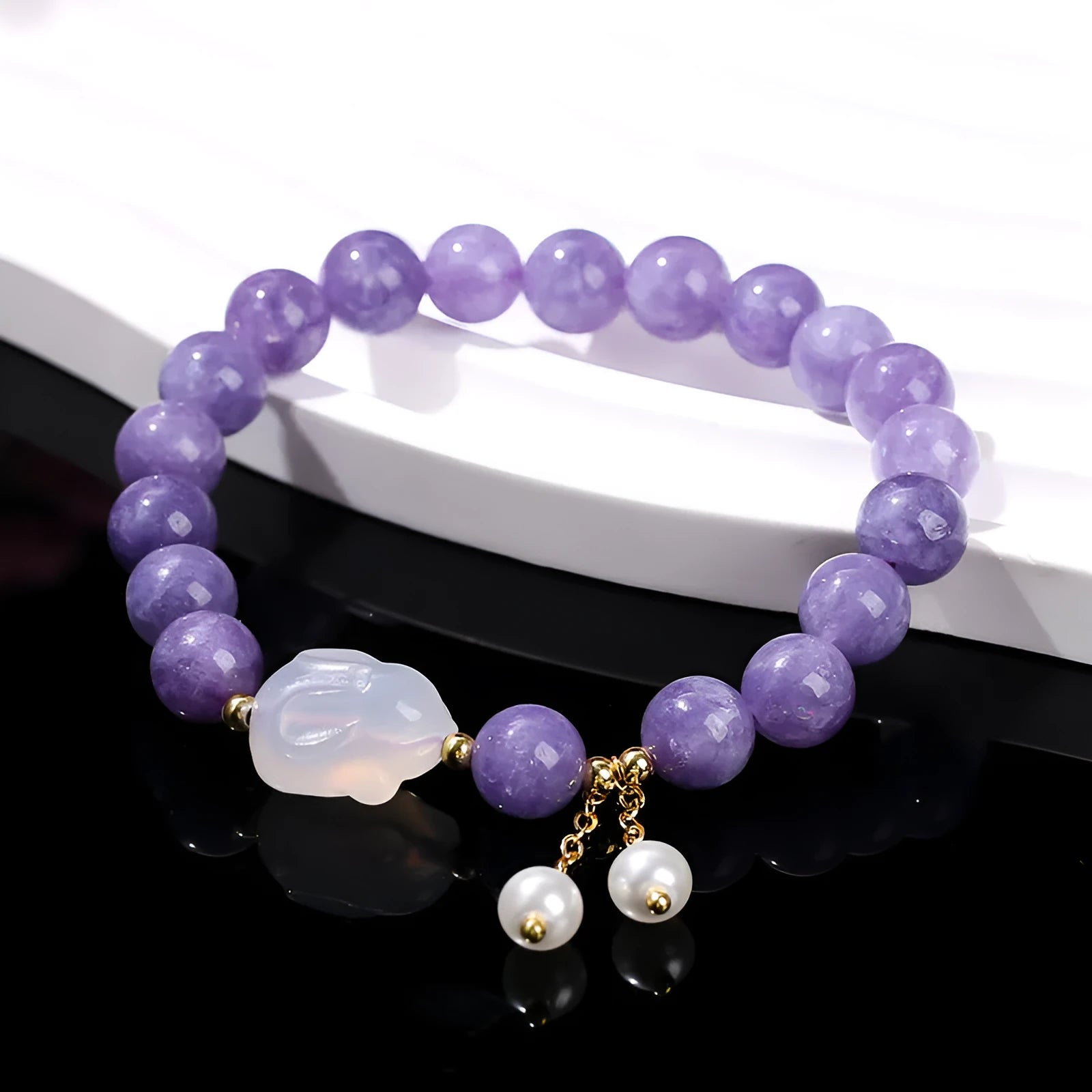 Purple aquamarine chalcedony lychee jelly agate rabbit bracelet with geometric beads