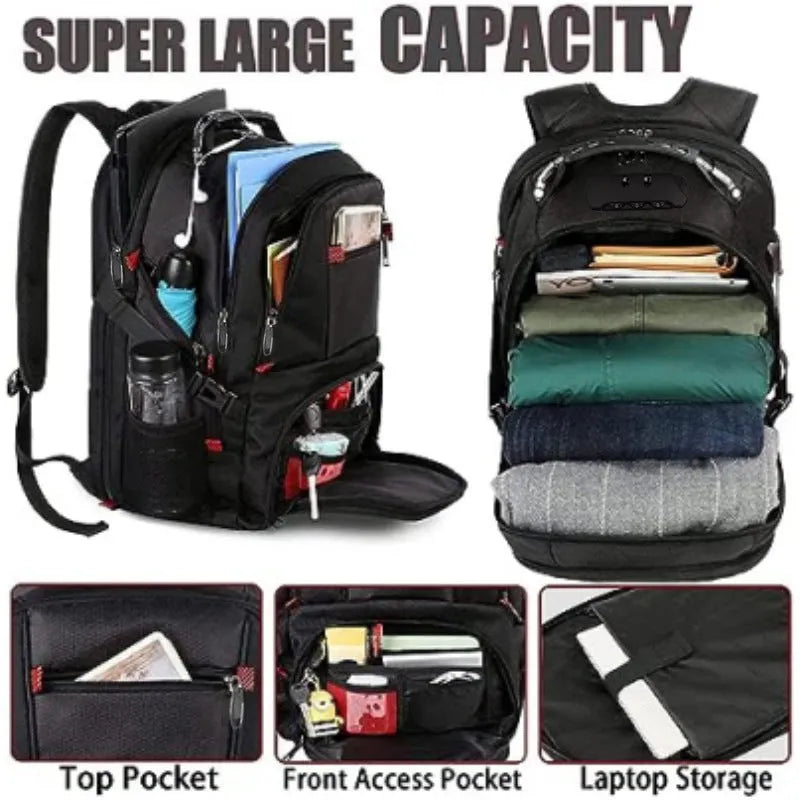 Large black USB backpack with curved shoulder straps, showing front compartment and charging port.