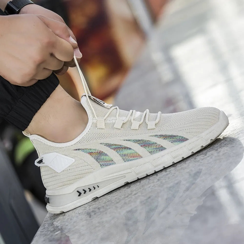 Men's low-top black mesh sneakers with stripe pattern and flat plastic sole on a white background.