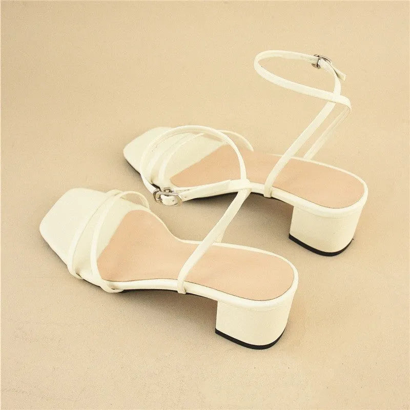 Beige women's sandals with a chunky stiletto heel, square toe, and adjustable ankle buckle on a white background.