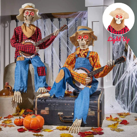 A glowing skeleton decoration holding a bandaged banjo, perfect for spooky Halloween displays