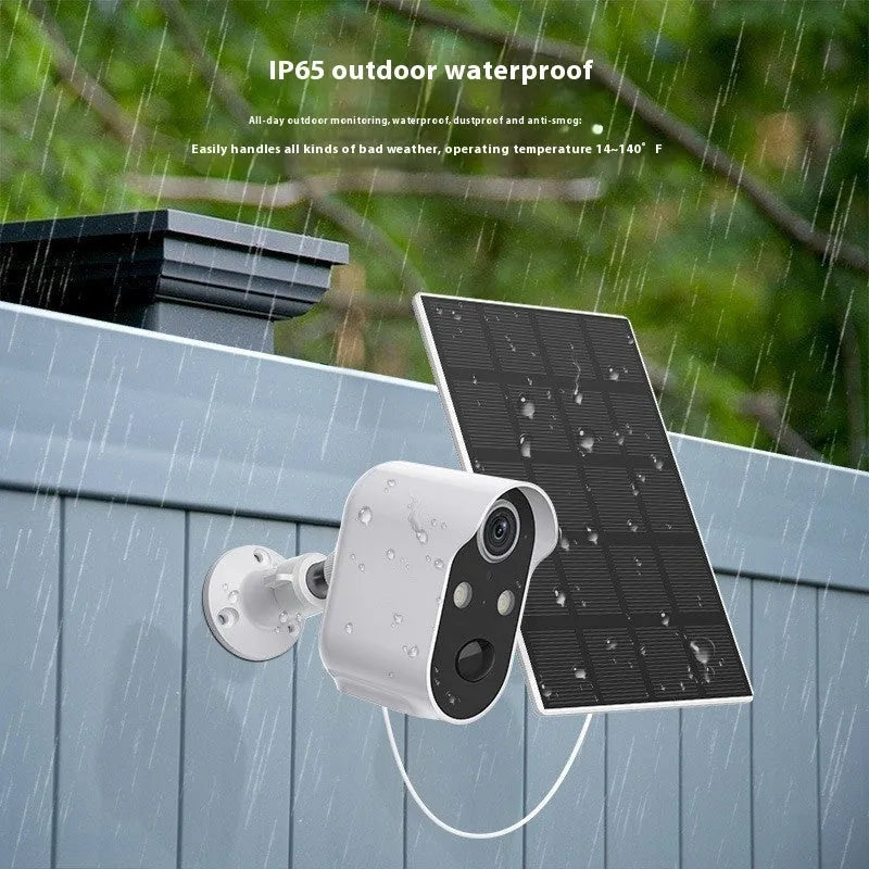 4G wireless security camera with plastic housing and optional solar panel for outdoor monitoring