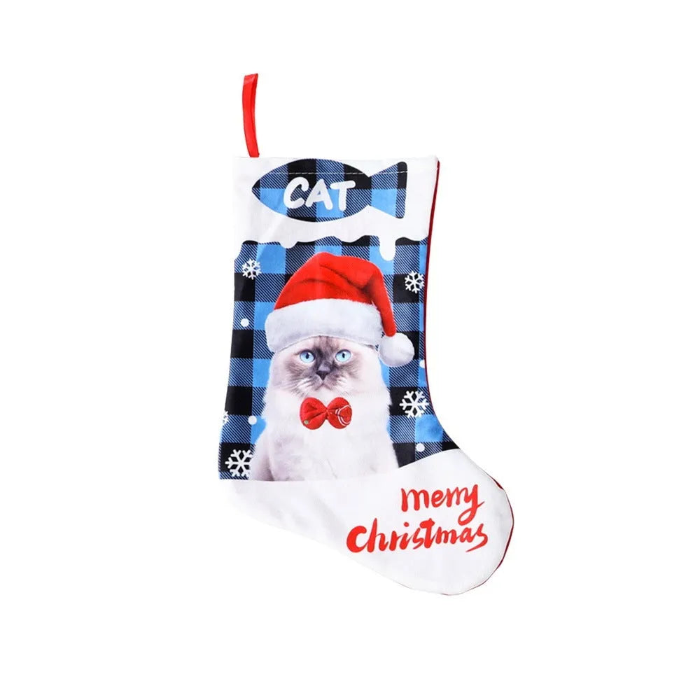 American Christmas fabric decoration panel with puppy and cat prints in traditional plaid colours